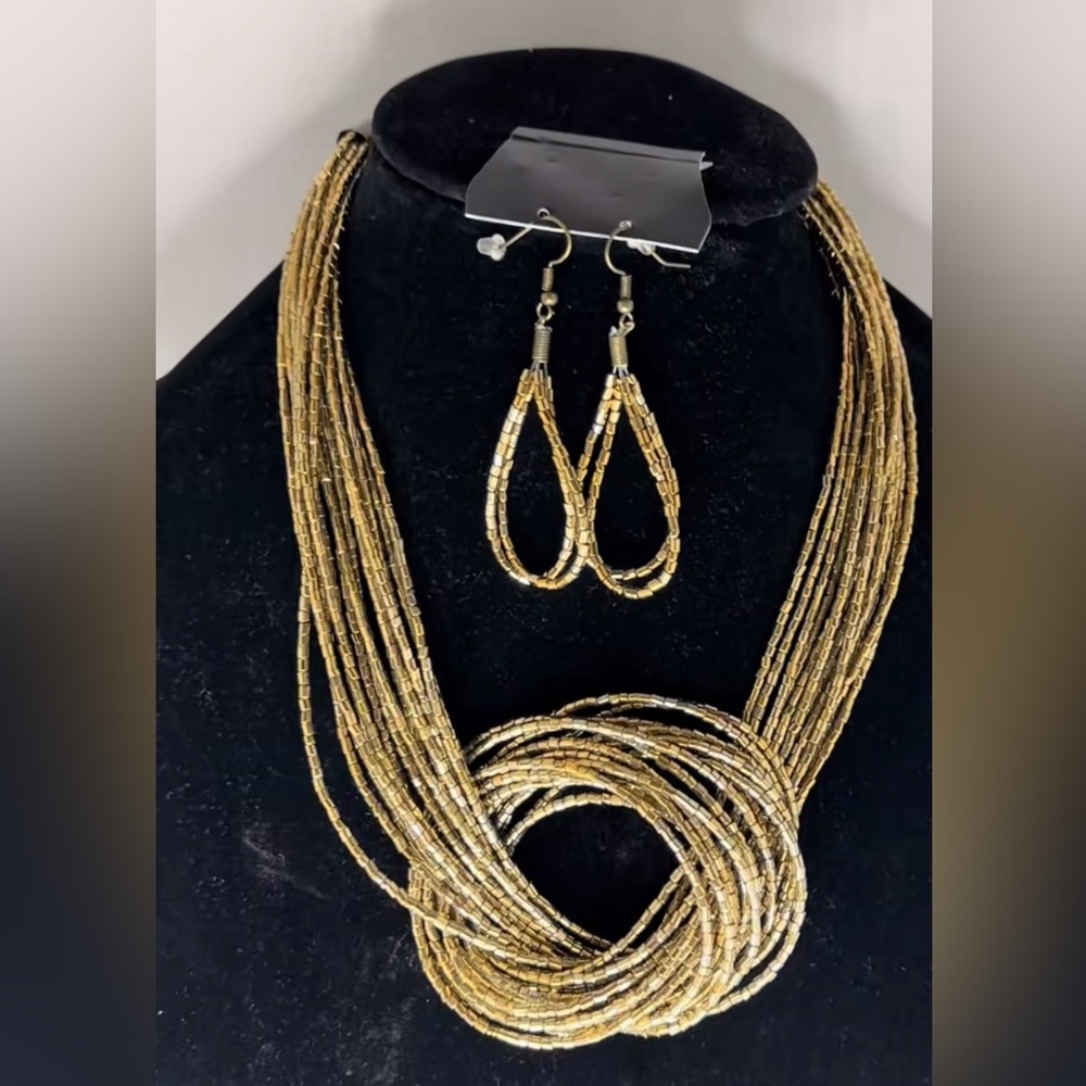 Multilayered Seed Beaded Gold Necklace with Earrings Set